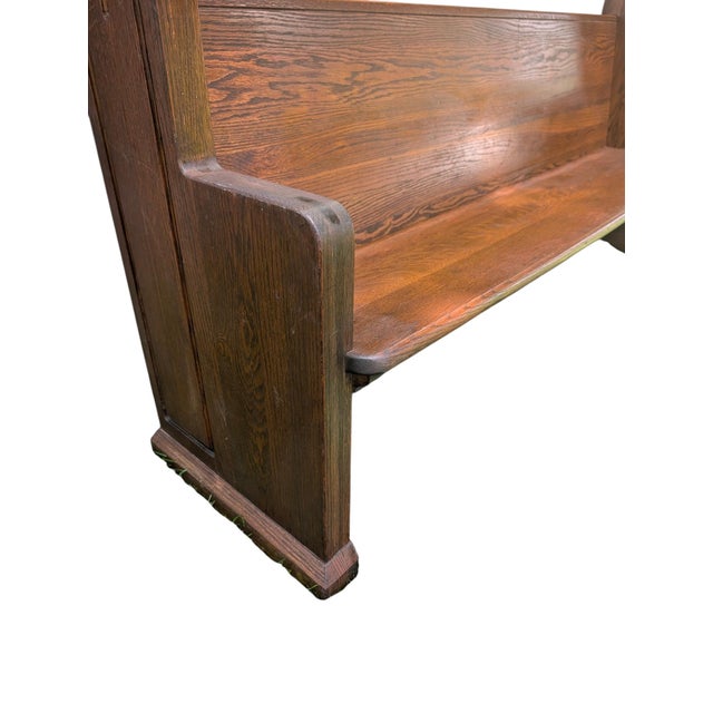 Mid 20th Century Carved Solid Oak Church Pew Bench With Cross Details – 75" For Sale - Image 10 of 17