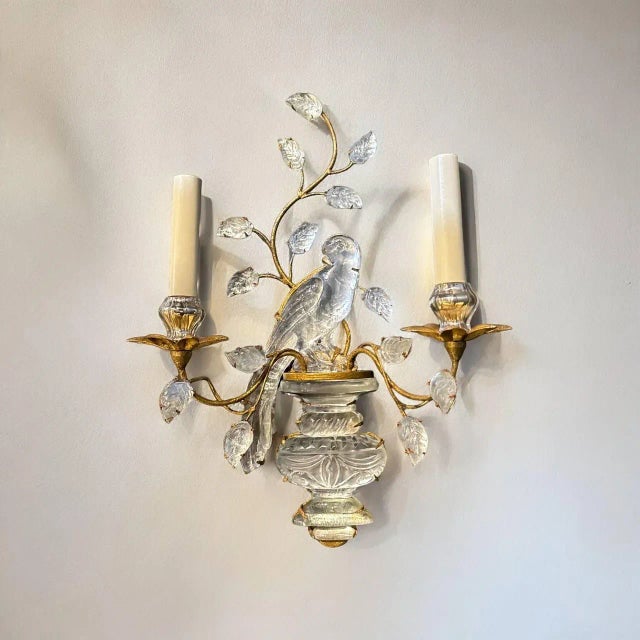 Circa 1930's French Bagues gilt metal and crystal birds and body two lights sconces. Newly UL rewired