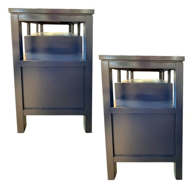 Paint Pair of Stanley Furniture Two-Drawer Navy Blue Lacquer Nightstands For Sale - Image 7 of 9