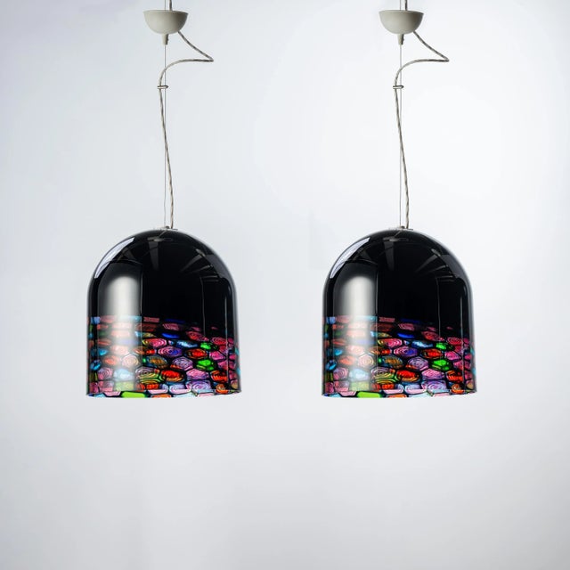 Leucos Hanging Light in Polychrome Glass by Noti Massari, 1980, Set of 2 For Sale - Image 4 of 5