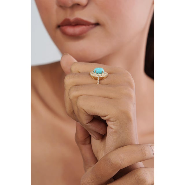 1.43ct Oval Turquoise Cabochon Double Halo Diamond 14k Gold Contemporary Ring Size 5.5 For Sale - Image 11 of 17