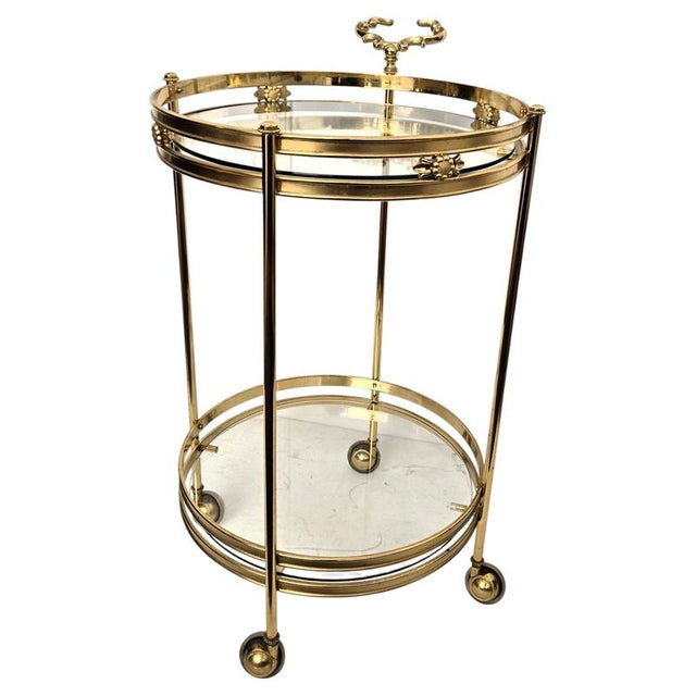 Italian Hollywood Regency Round Two-Tier Brass and Glass Bar Cart from Milo Baughman, 1970s For Sale - Image 9 of 9