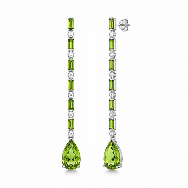 Metal Peridot Long Drop Earrings, Silver, Gold, Pair For Sale - Image 7 of 10