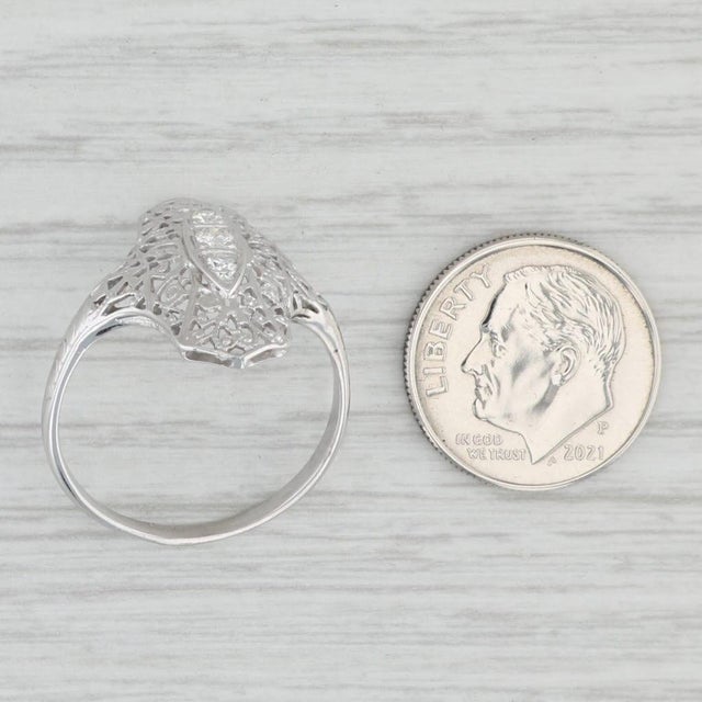 Metal Vintage 0.12ctw Diamond 3-Stone Filigree Ring 18k White Gold Size 9.5 For Sale - Image 7 of 7