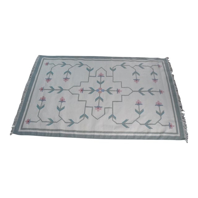 Vintage Handwoven Indian Cotton Folk Art Style Kilim Flat Weave Area Rug 5' X 8' For Sale