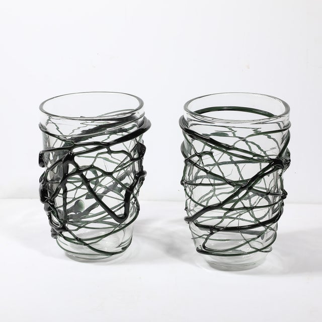 2020s Hand-Blown Murano Glass Vases With Organic Viridian Green Sculptural Striations For Sale - Image 5 of 12