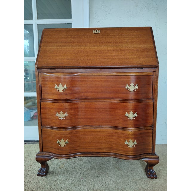 1940s Chippendale Style Mahogany Slant Front Secretary Desk by Rockford