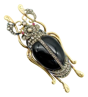 1900-1909 Edwardian 18k Gold and Sterling Silver Beetle Brooch With Rose Cut Diamonds, Onyx, and Ruby