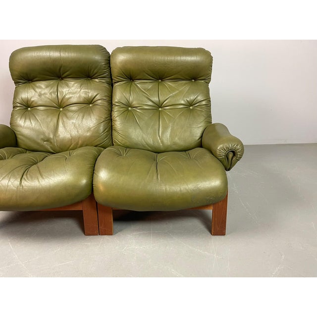 Brown Vintage Scandinavian Two-Seater Ry-Wing Lounge Sofa in Olivegreen Leather by Elsa and Nordahl Solheim for Rybo Rykken & Co, 1960s For Sale - Image 8 of 18