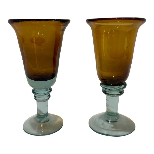 Vintage Amber and Blue-Green Stemmed Goblets Hand Blown Art Glass Wine Glasses - a Pair For Sale