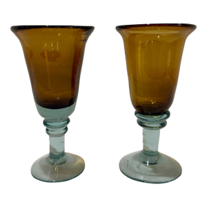 Vintage Amber and Blue-Green Stemmed Goblets Hand Blown Art Glass Wine Glasses - a Pair
