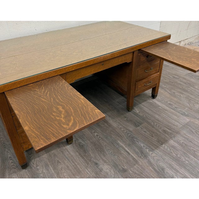 Antique American Arts & Crafts Mission Tiger Oak Executive Desk Partner Desk For Sale - Image 16 of 17