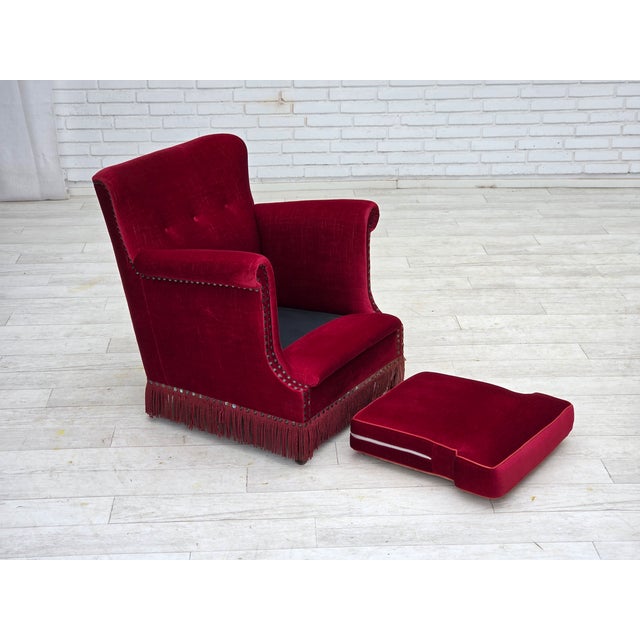 1970s Danish Armchair in Red Velour and Ash, 1970s For Sale - Image 5 of 17