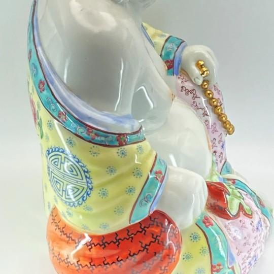 Chinese Famille Rose Laughing Buddha Budai/Hotei Statue (Large 12.5”) Polychrome Ceramic Vintage For Sale - Image 12 of 18
