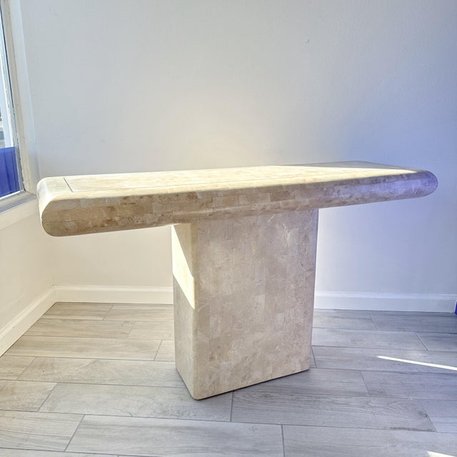 Metal Maitland Smith Tessellated Stone Pedestal Console Table With Brass Inlay For Sale - Image 7 of 12