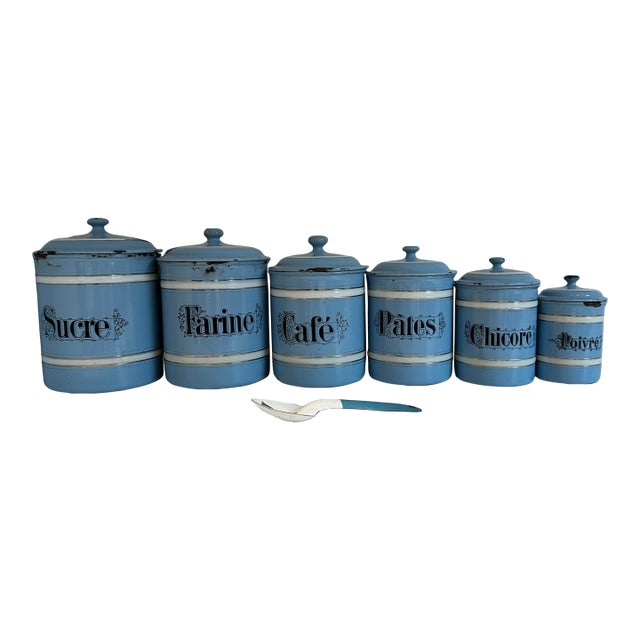 1920s Set of 6 French Kitchen Spice Set in Baby Blue Enamel For Sale