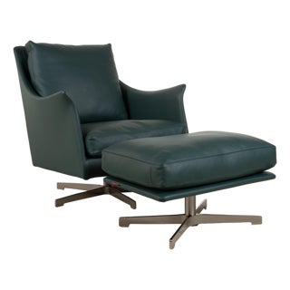 Set of Green Leather Boss Armchair and Ottoman with Manual Function from Flexform For Sale