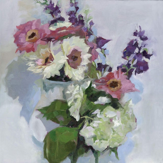 Confetti by Yana Beylinson | Oil on board Floral arrangement with pink and purple flowers For Sale