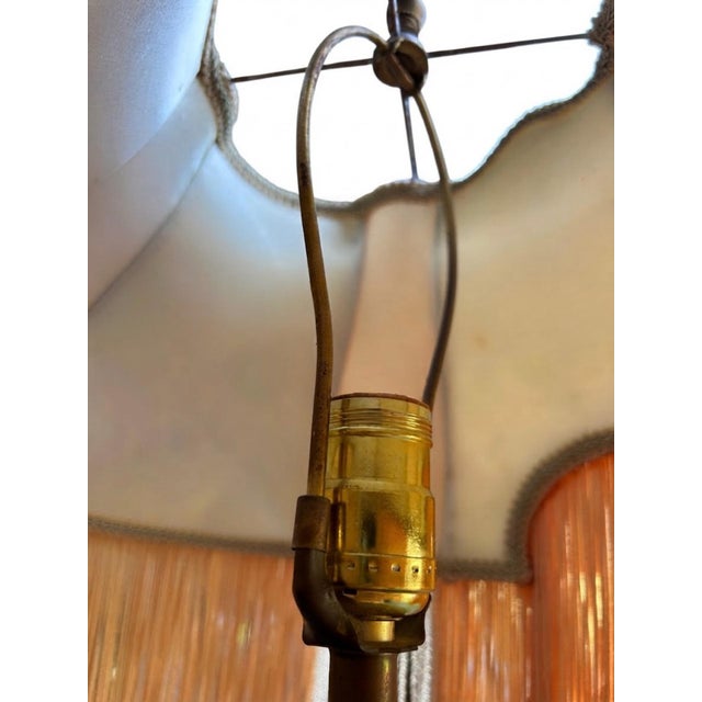 Metal Vintage Neoclassical Column Table Lamp With Floral Fringed Shade For Sale - Image 7 of 8