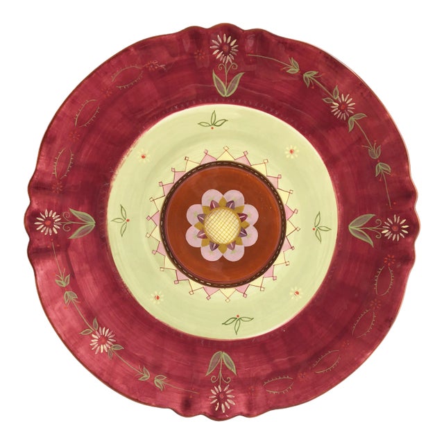Vintage Boho Chic Hand Pink Painted Monumental Wall Plate For Sale