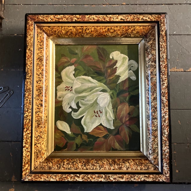 Late 19th Century 19th Century Original Lillies Painting Antique Folk Art Frame For Sale - Image 5 of 5