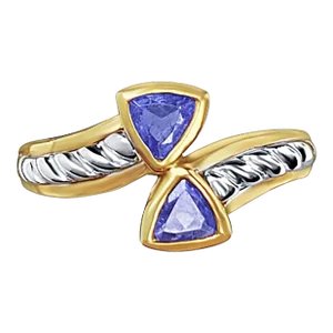 Curved Toi et Moi Triangle Cut Tanzanite Ring in 14k Yellow and White Gold, Size 7