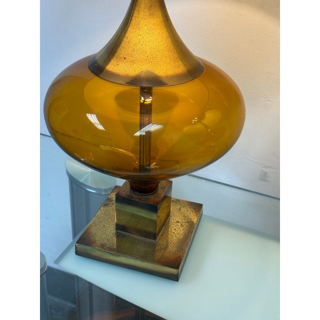Late 20th Century Italian Murano Inspired Amber Glass Table Lamps, Pair For Sale - Image 5 of 12