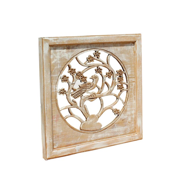 2010s Off White Wash Lacquer Chinese Birds & Flowers Square Wall Panel For Sale - Image 5 of 8