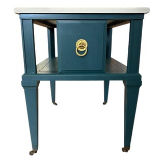 Vintage Painted Marble Top Console Table With Open Center Shelf Professionally Refinished in Deep Teal For Sale