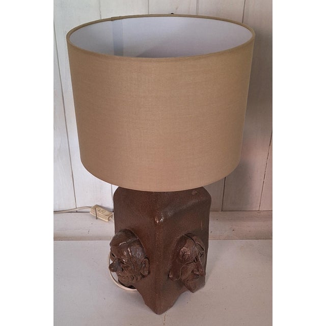 Beige Vintage Table Lamp with Brown Ceramic Base with 4 Different Cartoon Faces and Beige Fabric Shade, 1982 For Sale - Image 8 of 15