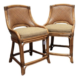 Pair Vintage Coastal Woven Rattan Stools With New Upholstered Cushions For Sale