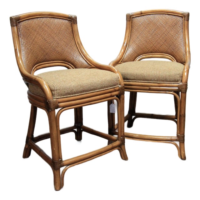 Pair Vintage Coastal Woven Rattan Stools With New Upholstered Cushions For Sale
