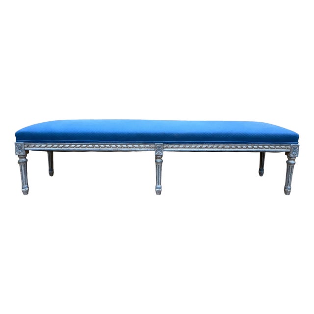 Louis XVI Kitchen Bench in Wood with Blue Fabric For Sale