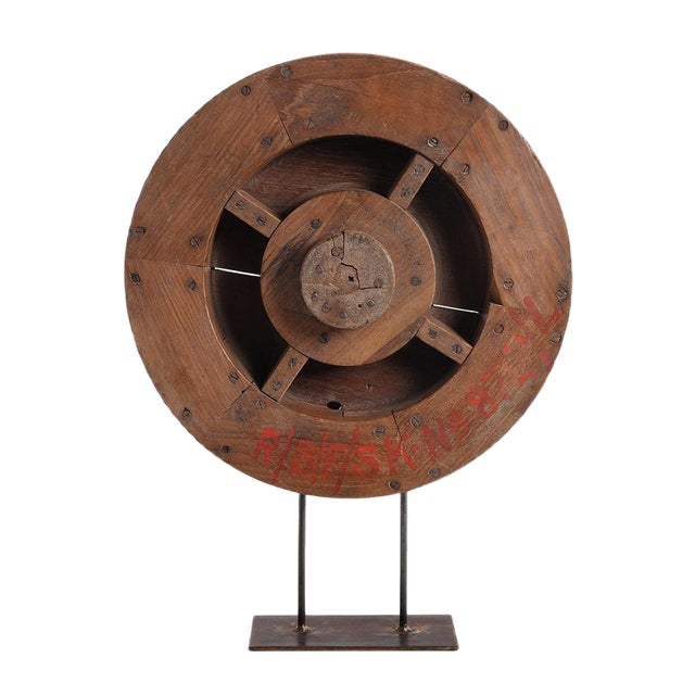 Wooden Wheel on Iron Base For Sale