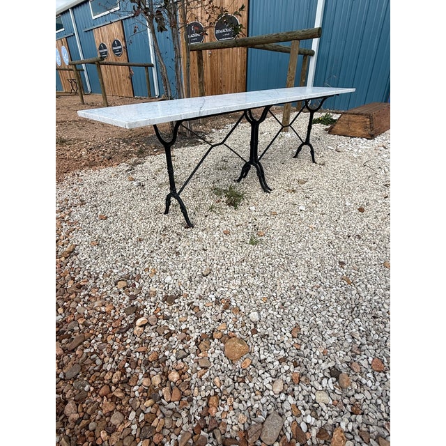 Black 1940s Long Vintage French Art Deco Double Base Cast Iron Carrara Marble Top Bistro Table or Dining Table For Sale - Image 8 of 12