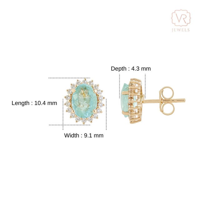 1.89ct Oval Cut Paraiba Stud Earrings With Diamonds in 14k Yellow Gold- A Pair For Sale - Image 10 of 15