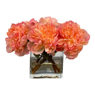 Windward Home Luxury Faux Peonies in a Block Vase For Sale
