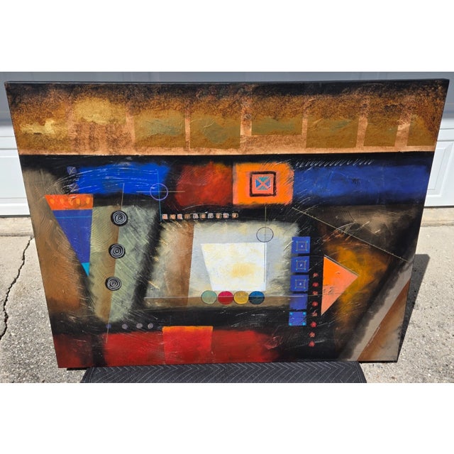 Original painting on canvas signed "Bustamonte" lower right. Large scale abstract composition with bold colors, applied...