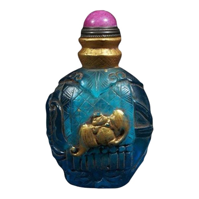 Fine Carved Peking Glass Snuff Bottle With Gilded Bat Relief, Chinese Vintage Collectible Snuff Bottle For Sale