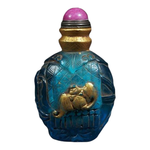 Fine Carved Peking Glass Snuff Bottle With Gilded Bat Relief, Chinese Vintage Collectible Snuff Bottle