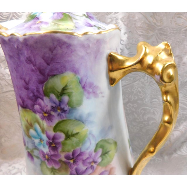 1940s Purple Floral Chocolate Pot With Ornate Gold Handle For Sale - Image 4 of 12