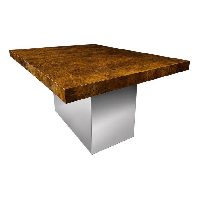 Milo Baughman Olive Burl Extension Dining Table on Chrome Plinth Base, 2 Leaves, 1976 For Sale