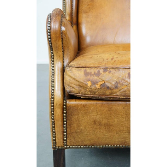 Vintage Cognac-Colored Sheep Leather Armchair For Sale - Image 9 of 14