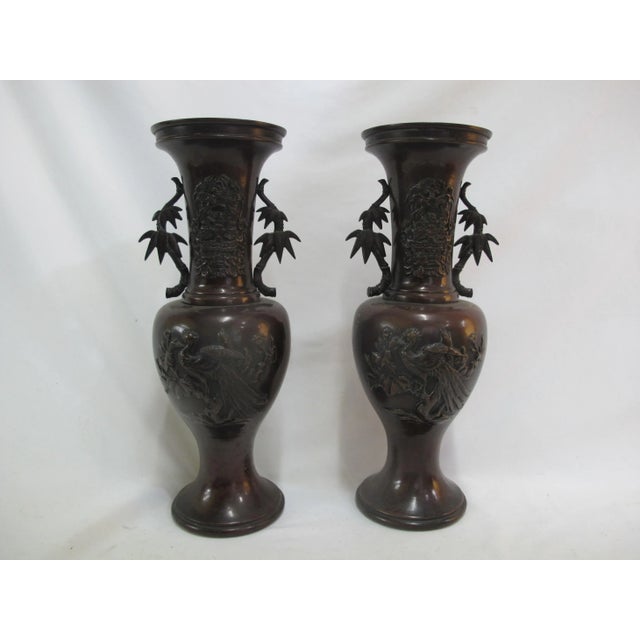 Japanese Bronze Heron & Lotus Flower Bamboo Design Vase Urn Pair For Sale - Image 9 of 9