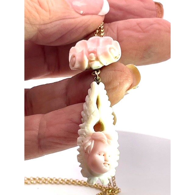 Pink 1930s Conch Shell Carved Pendant For Sale - Image 8 of 9