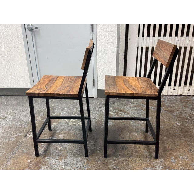 Industrial Acacia Wood + Metal Barstools, Pair For Sale - Image 4 of 12