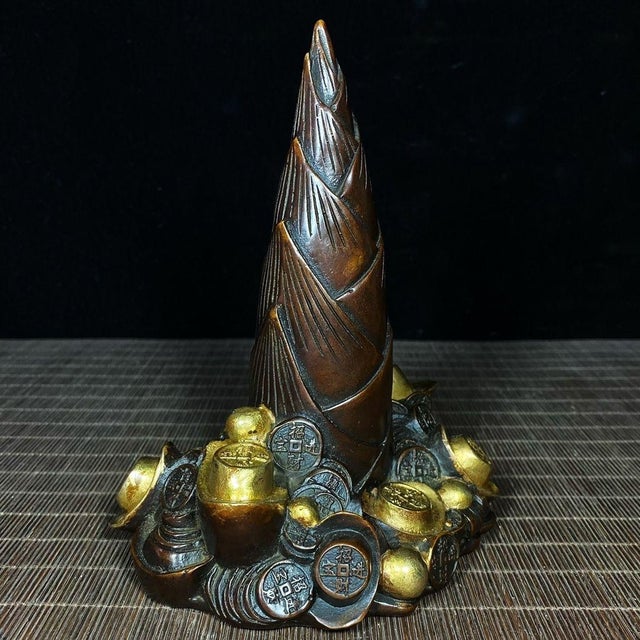 Bronze Vintage Chinese Gilt Bronze Bamboo Shoot & Coin Sculpture - "Rising Fortune" Motif For Sale - Image 8 of 9