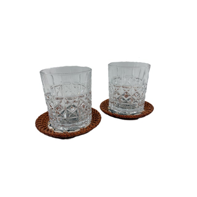 Wood Asian Bat Trang Vietnam Rattan & Ceramic Coasters With Blue Lotus Floral Motif - Set of 6 For Sale - Image 7 of 8