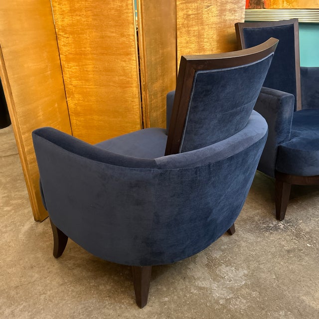 1940s Mid Century Modern Plush Navy Cushion and Wood Arm Chair For Sale - Image 5 of 10