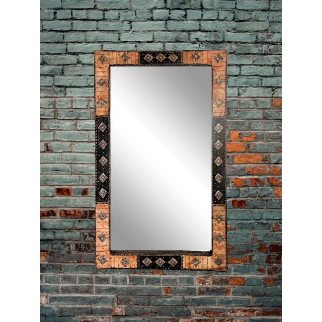 Large Moroccan Rectangular Wall Mirror, Expresso Brown Wood, Orange With Silver Embellishments For Sale - Image 9 of 12